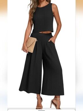 Women's Lepuno 2 Piece Black Sleeveless Crop Top & Flowy Wide Leg Pants